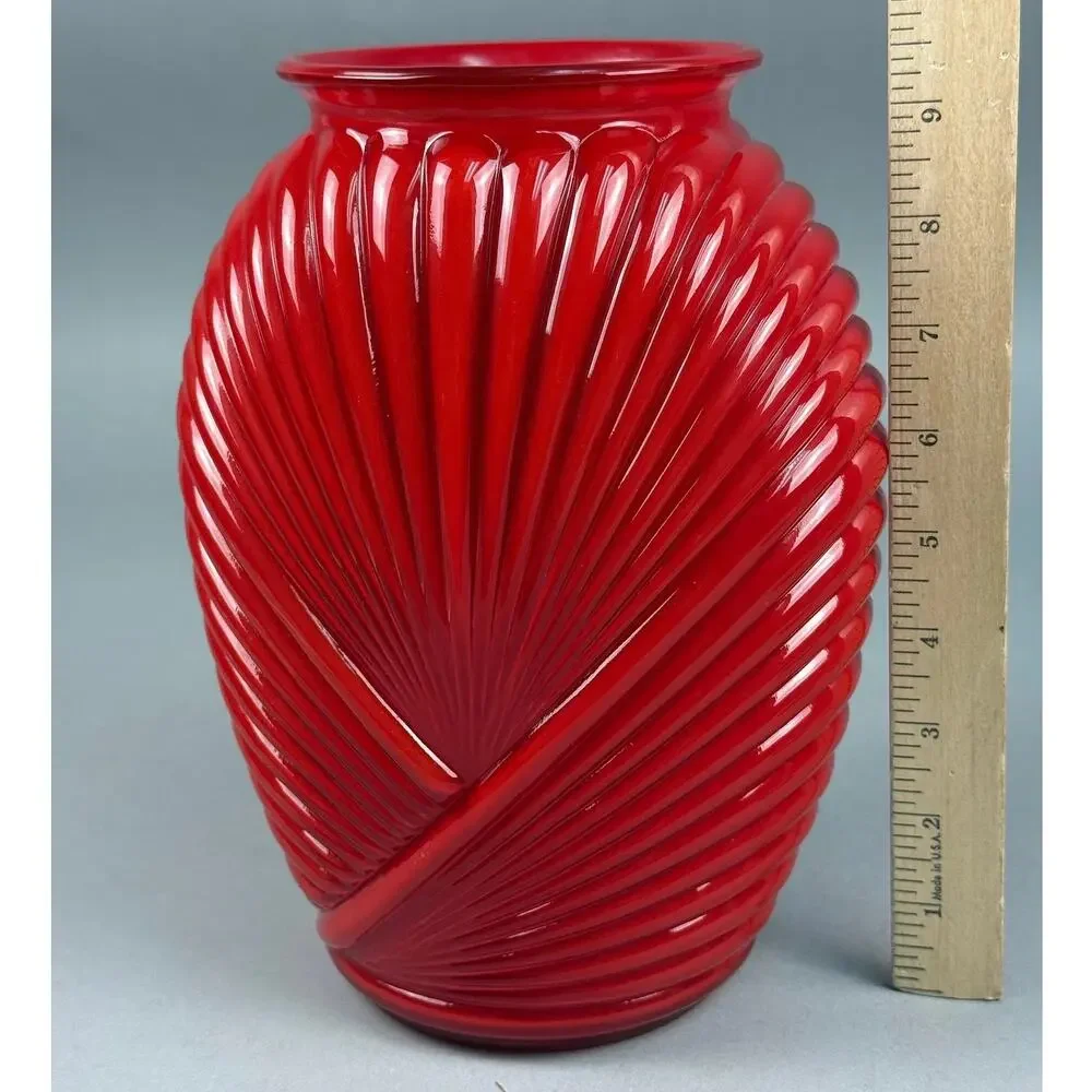 Vintage Anchor Hocking Red Glass Vase Art Deco Pleated Ribbed Design 1980's